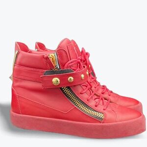 Giuseppe Zanotti Coby Red Hi Top Sneakers Double Zipper Gold Studded Leather 10